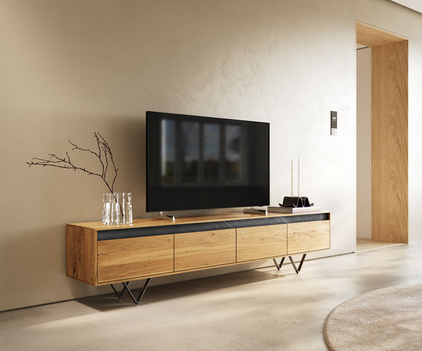 TV Stand Stonegrace 200cm Oak Wood Natural 4 Drawers Stone Veneer V-Foot Metal Black