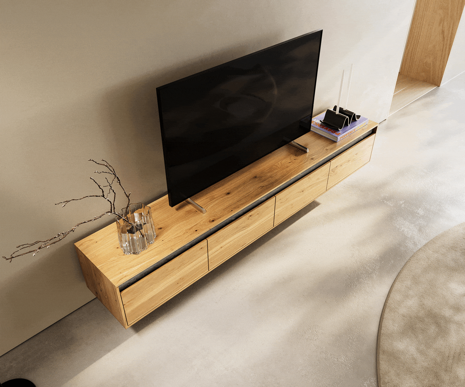 Floating TV Stand Stonegrace 200cm Oak Wood Natural 4 Drawers Stone Veneer