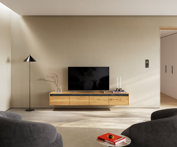 Floating TV Stand Stonegrace 200cm Oak Wood Natural 4 Drawers Stone Veneer