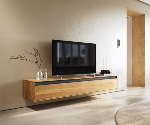 Floating TV Stand Stonegrace 200cm Oak Wood Natural 4 Drawers Stone Veneer
