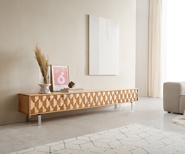 TV Stand Fevo 220cm Oak Wood Natural 4 Doors L-Feet Silver