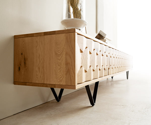 TV Stand Fevo 220cm Oak Wood Natural 4 Doors V-Feet Black