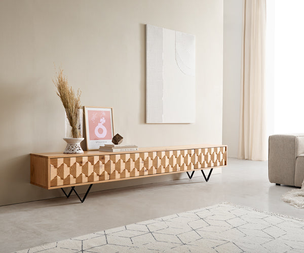 TV Stand Fevo 220cm Oak Wood Natural 4 Doors V-Feet Black