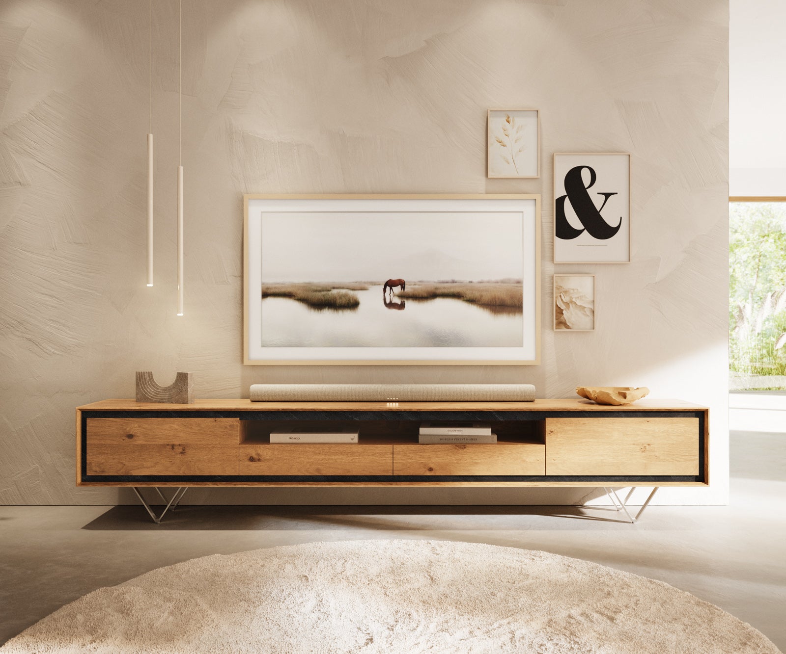 TV Stand Stonegrace 240cm Oak Wood Natural 2 Doors 1 Compartment 2 Drawers Stone Veneer V-Foot Metal Silver