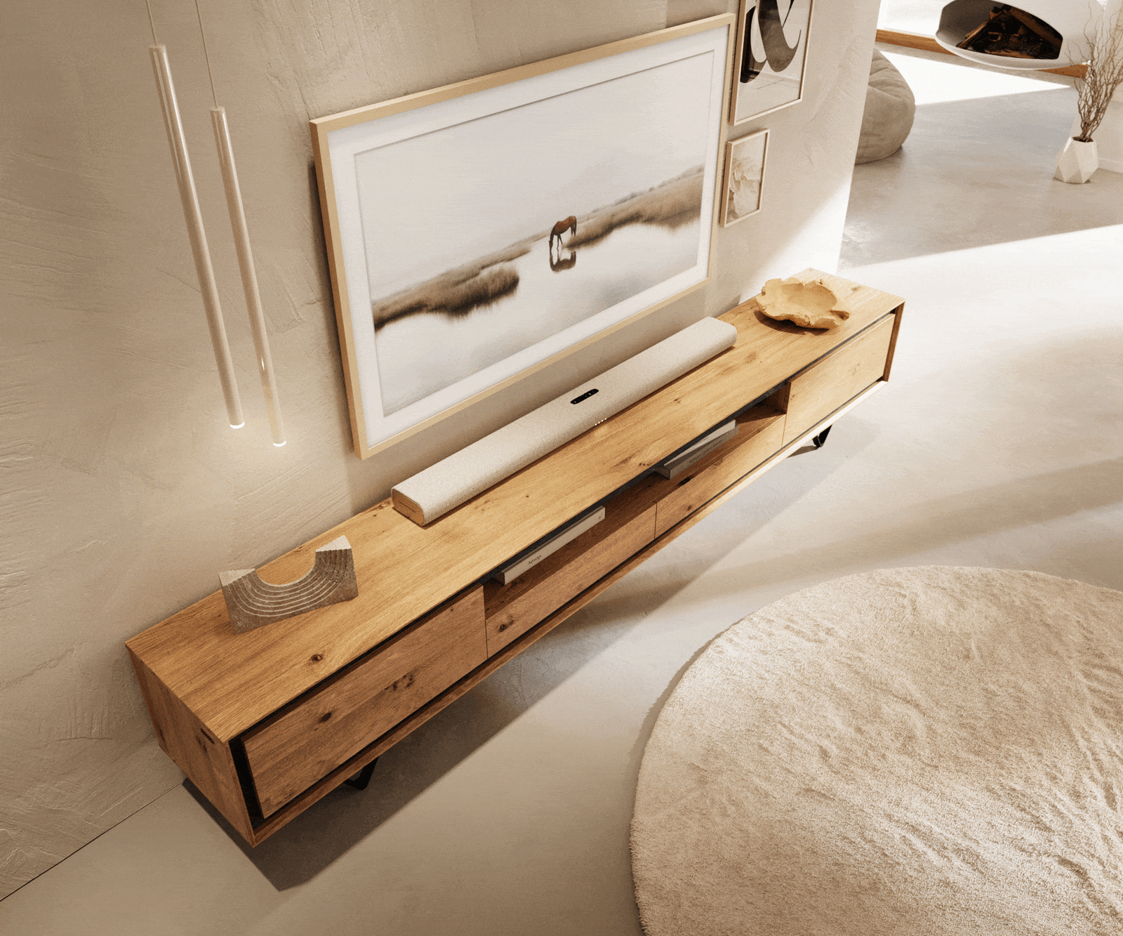 TV Stand Stonegrace 240cm Oak Wood Natural 2 Doors 1 Compartment 2 Drawers Stone Veneer V-Foot Metal Black
