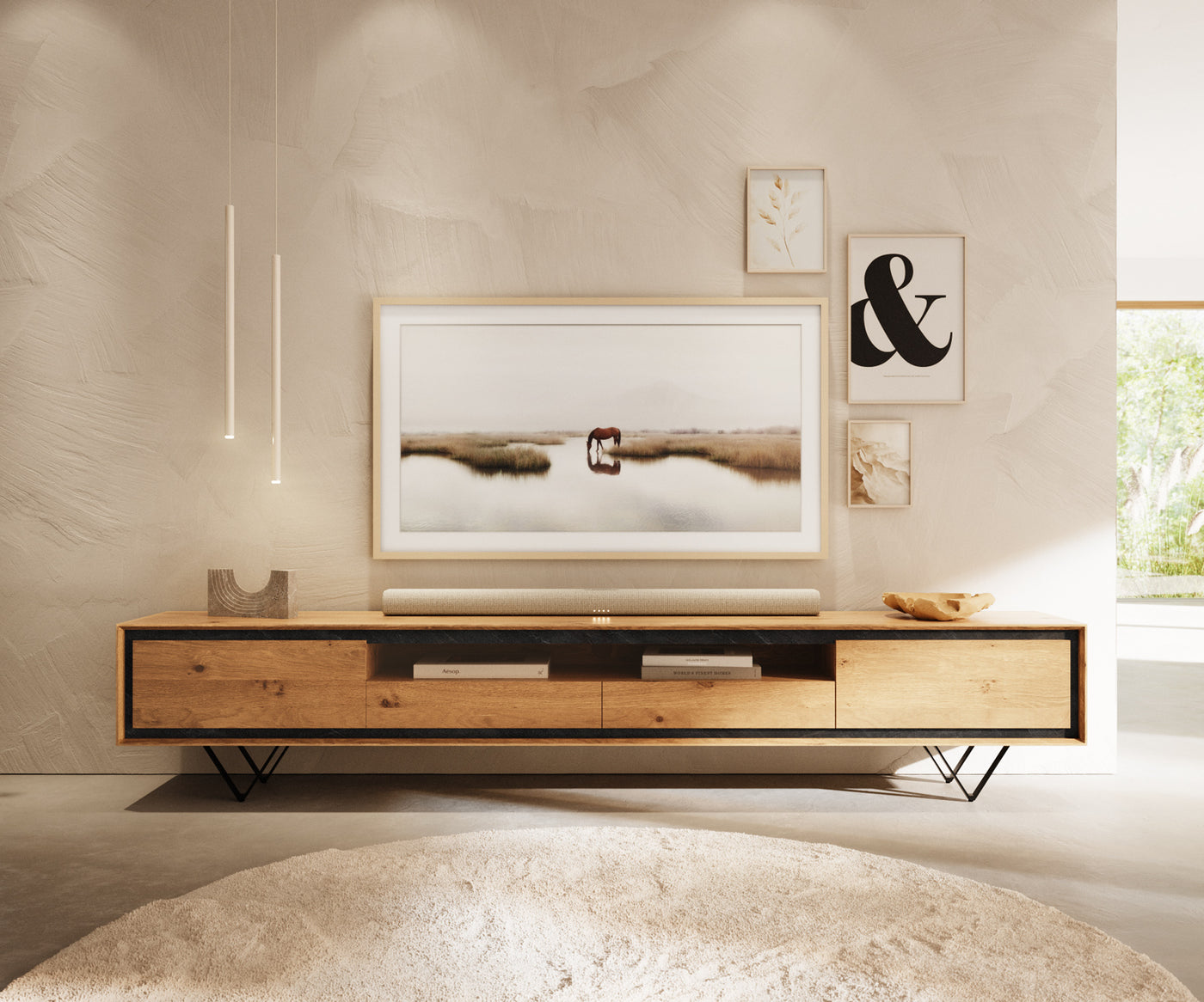 TV Stand Stonegrace 240cm Oak Wood Natural Stone Veneer V-Foot Metal