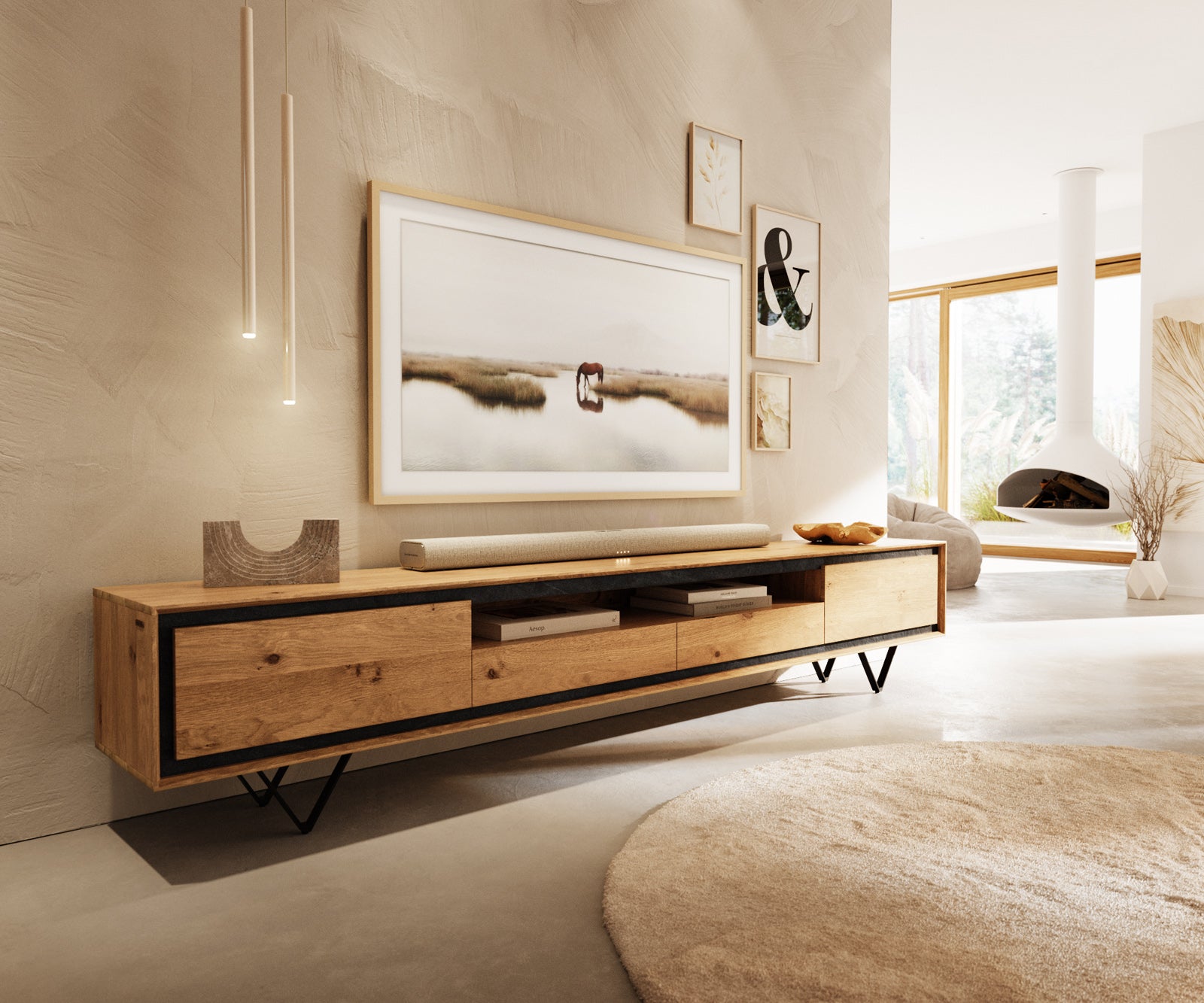 TV Stand Stonegrace 240cm Oak Wood Natural 2 Doors 1 Compartment 2 Drawers Stone Veneer V-Foot Metal Black