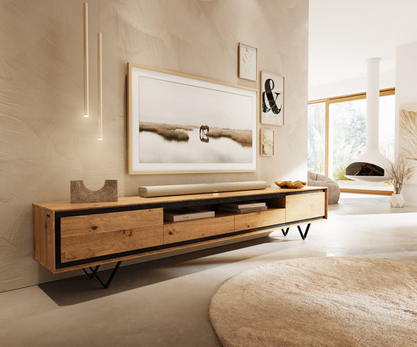TV Stand Stonegrace 240cm Oak Wood Natural 2 Doors 1 Compartment 2 Drawers Stone Veneer V-Foot Metal Black