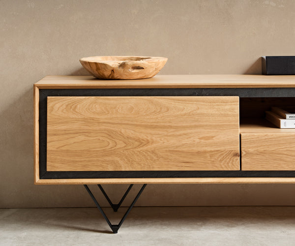 TV Stand Stonegrace 240cm Oak Wood Natural 2 Doors 1 Compartment 2 Drawers Stone Veneer V-Foot Metal Black