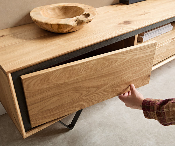TV Stand Stonegrace 240cm Oak Wood Natural 2 Doors 1 Compartment 2 Drawers Stone Veneer V-Foot Metal Black
