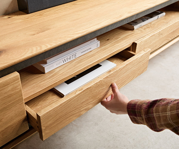 TV Stand Stonegrace 240cm Oak Wood Natural 2 Doors 1 Compartment 2 Drawers Stone Veneer V-Foot Metal Black