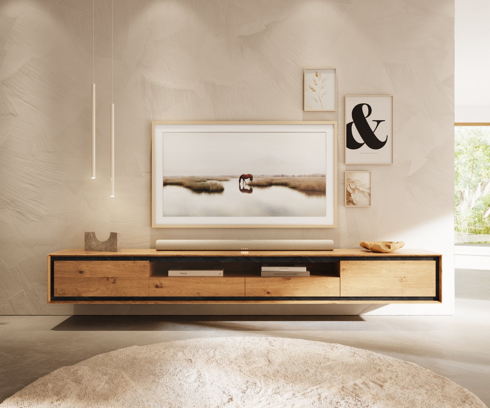 Floating TV Stand Stonegrace 240cm Oak Wood Natural 2 Doors 1 Compartment 2 Drawers Stone Veneer