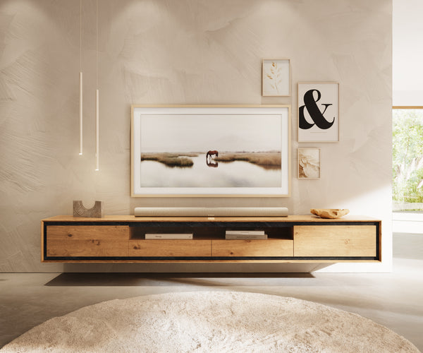 Floating TV Stand Stonegrace 240cm Oak Wood Natural 2 Doors 1 Compartment 2 Drawers Stone Veneer