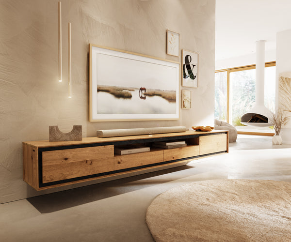 Floating TV Stand Stonegrace 240cm Oak Wood Natural 2 Doors 1 Compartment 2 Drawers Stone Veneer