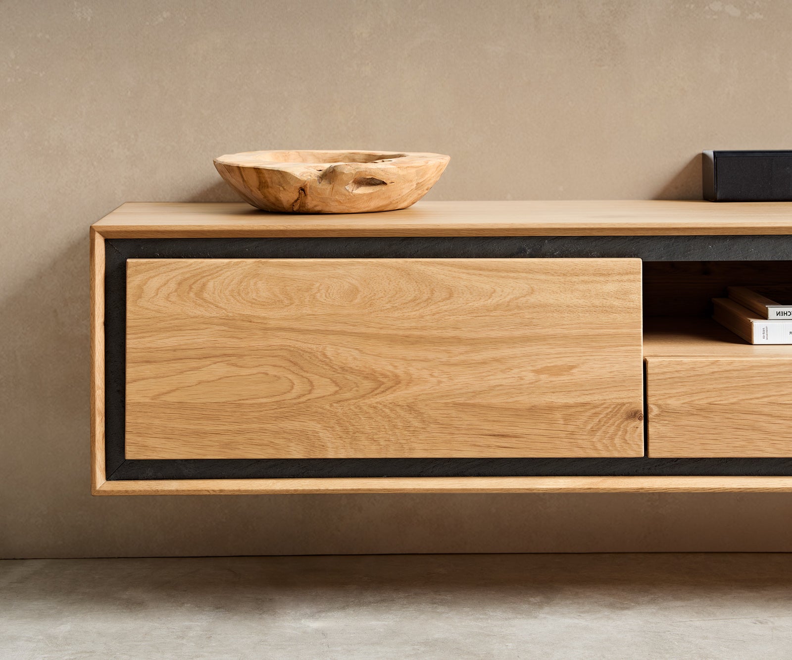 Floating TV Stand Stonegrace 240cm Oak Wood Natural 2 Doors 1 Compartment 2 Drawers Stone Veneer