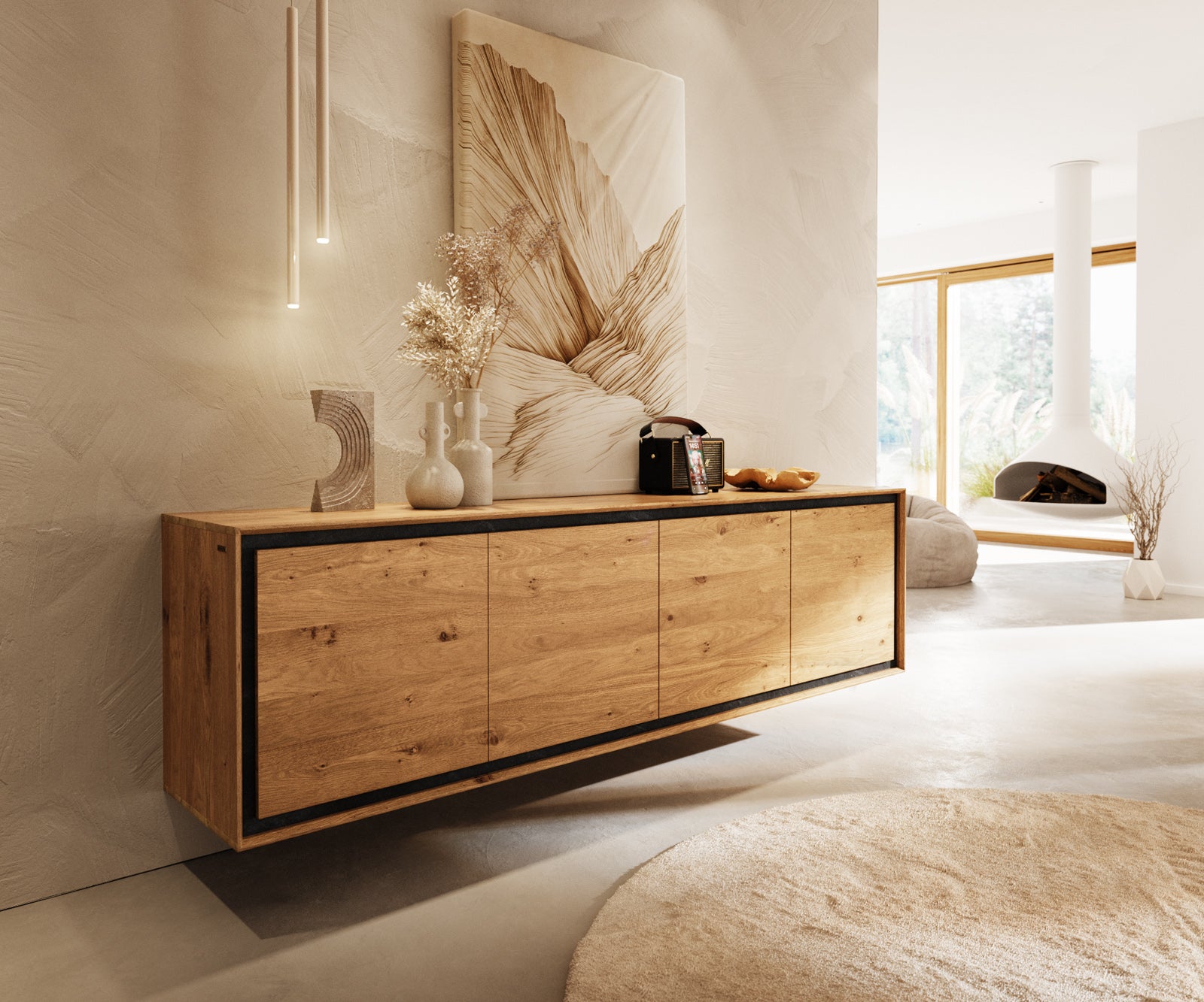 Floating Sideboard Stonegrace 200cm Oak Wood Natural 4 Doors Stone Veneer