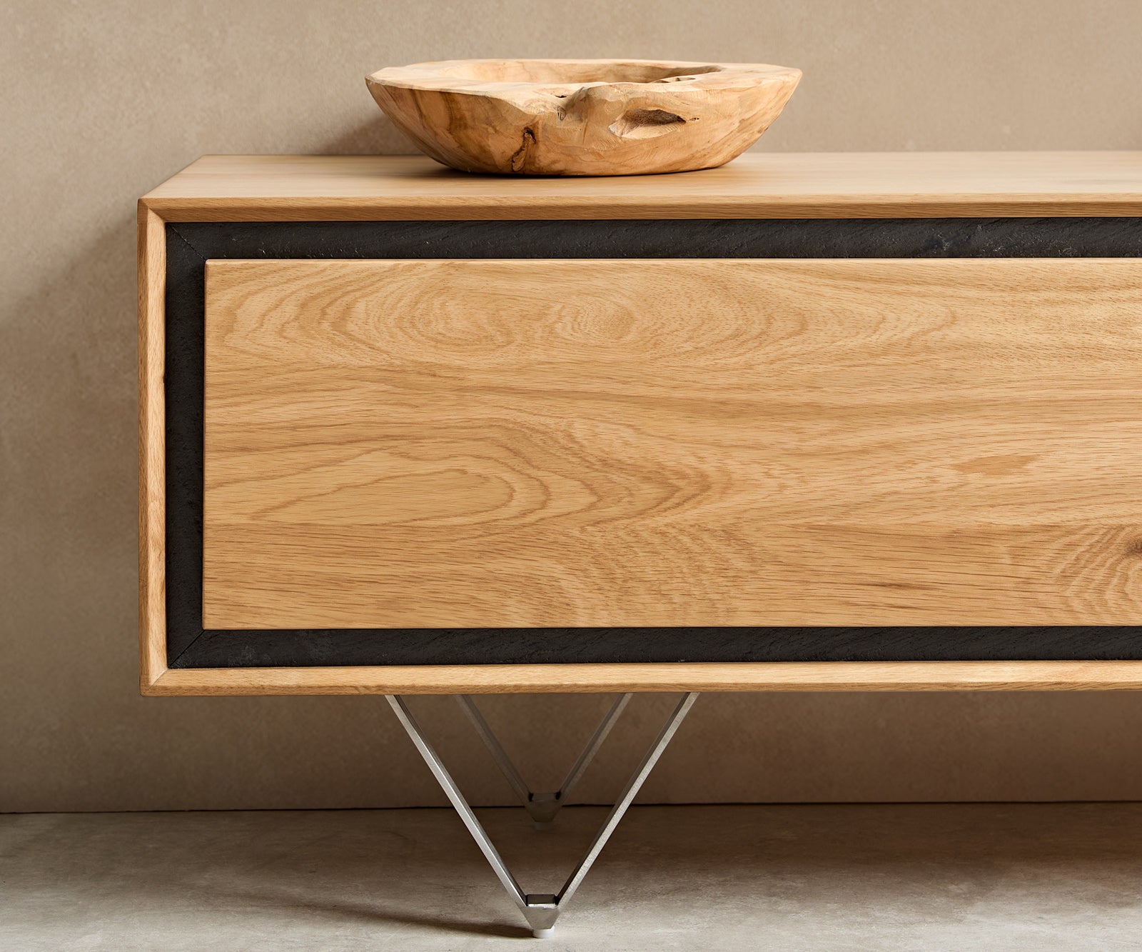 TV Stand Stonegrace 200cm Oak Wood Natural 4 Doors Stone Veneer V-Foot Metal Silver