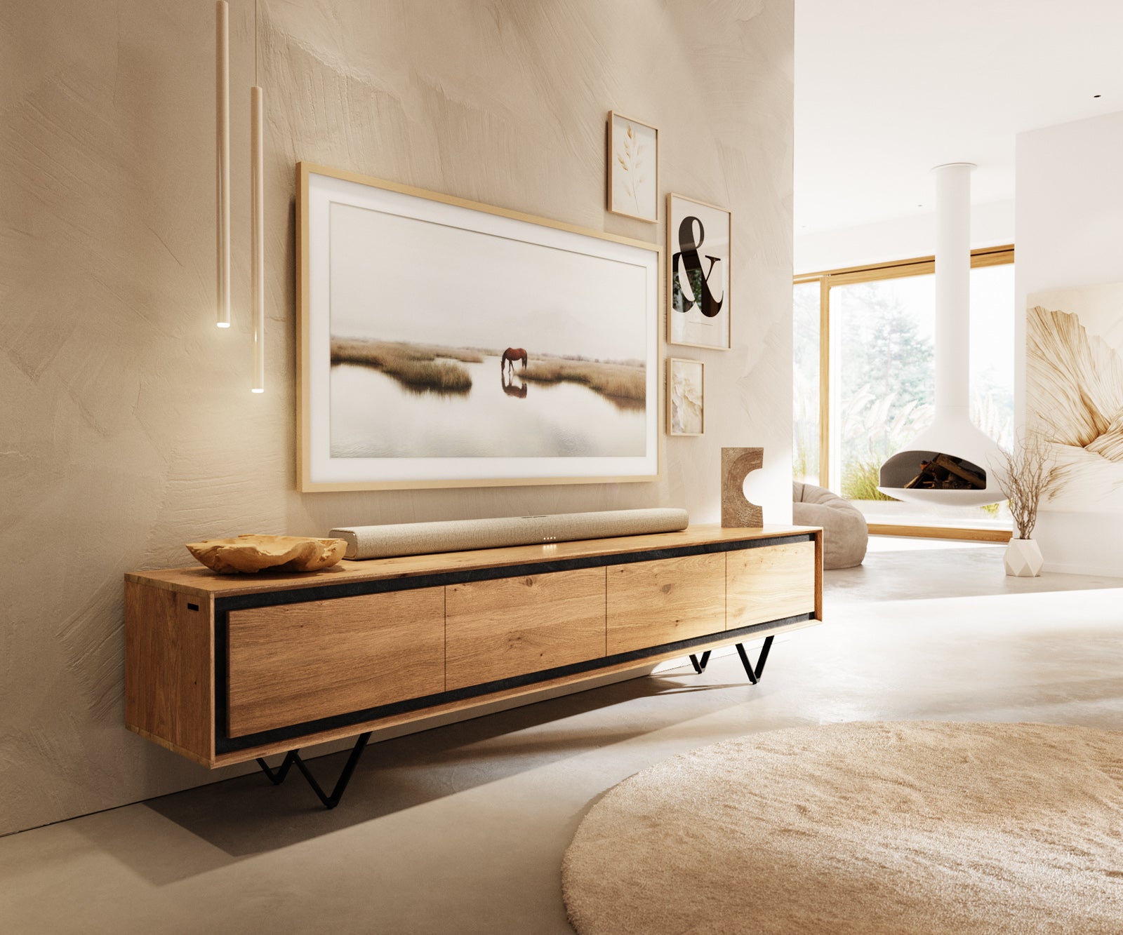 TV Stand Stonegrace 200cm Oak Wood Natural 4 Doors Stone Veneer V-Foot Metal Black