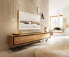 TV Stand Stonegrace 200cm Oak Wood Natural 4 Doors Stone Veneer V-Foot Metal Black