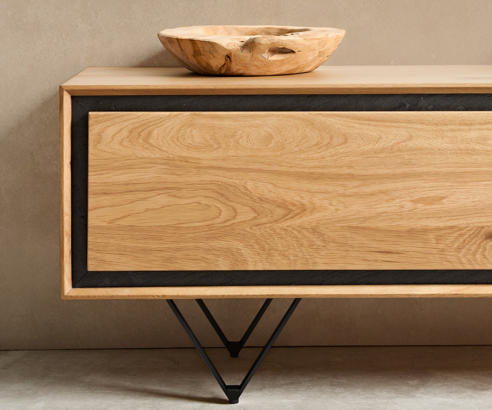 TV Stand Stonegrace 200cm Oak Wood Natural 4 Doors Stone Veneer V-Foot Metal Black