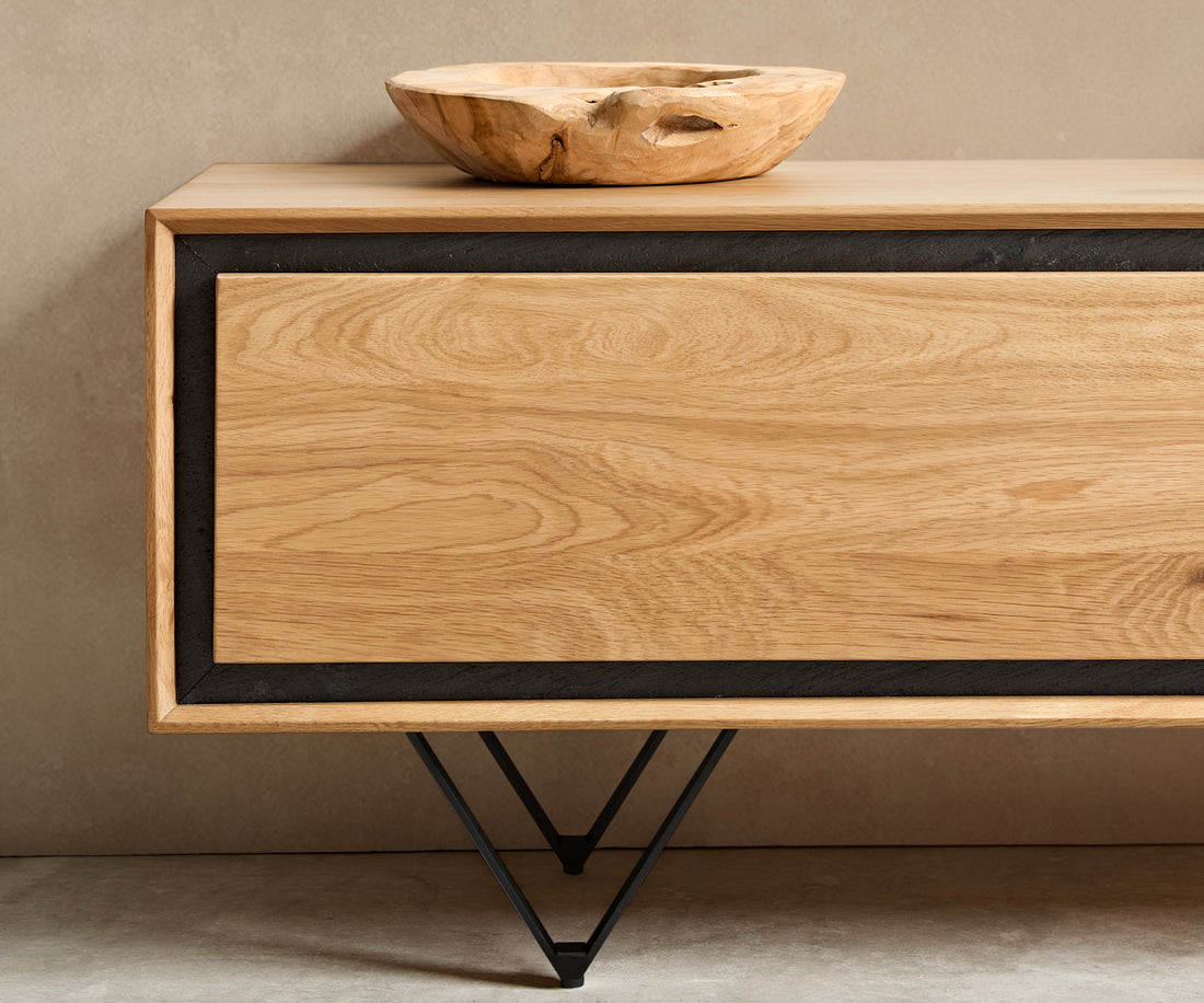 TV Stand Stonegrace Classic 200cm Oak Wood Natural 4 Doors Stone Veneer V-Feet Metal Black