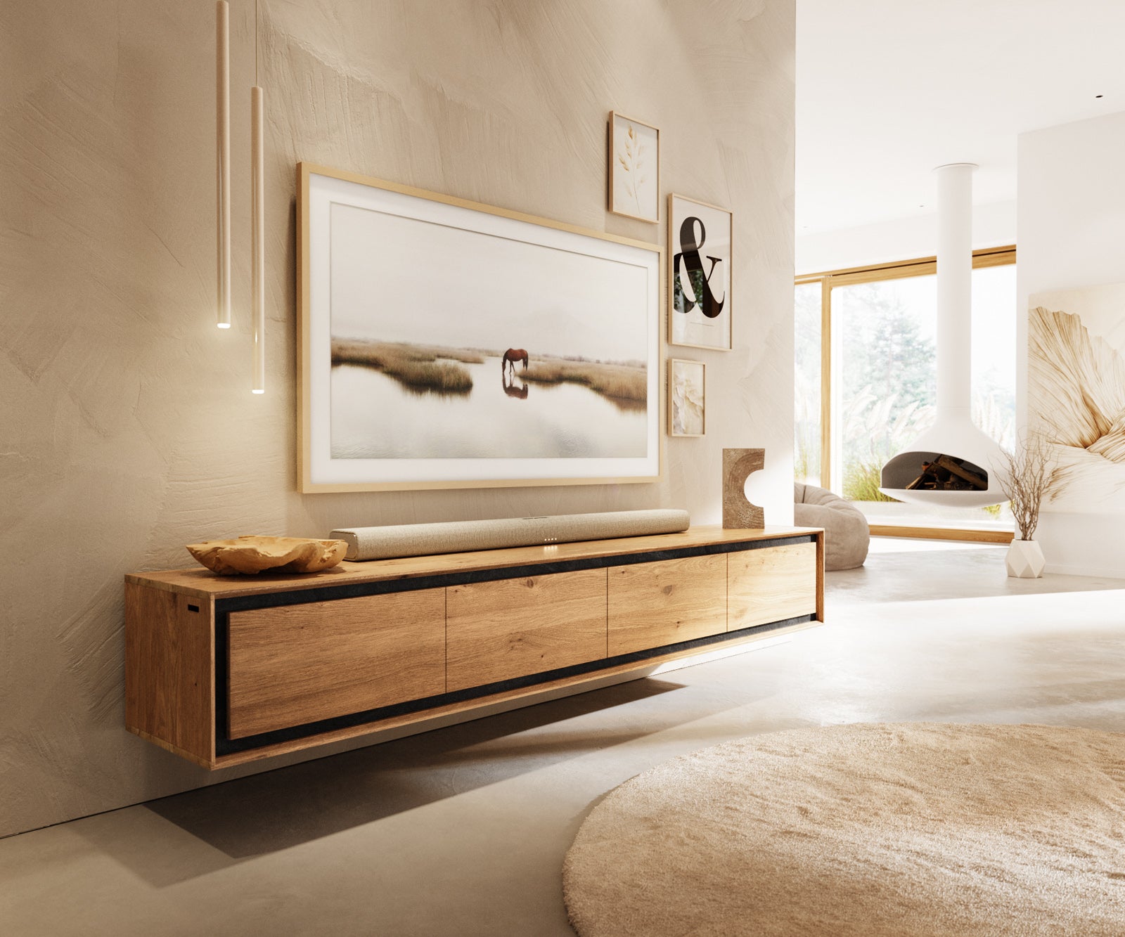 Floating TV Stand Stonegrace 200cm Oak Wood Natural 4 Doors Stone Veneer