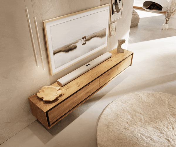 Floating TV Stand Stonegrace 200cm Oak Wood Natural 4 Doors Stone Veneer