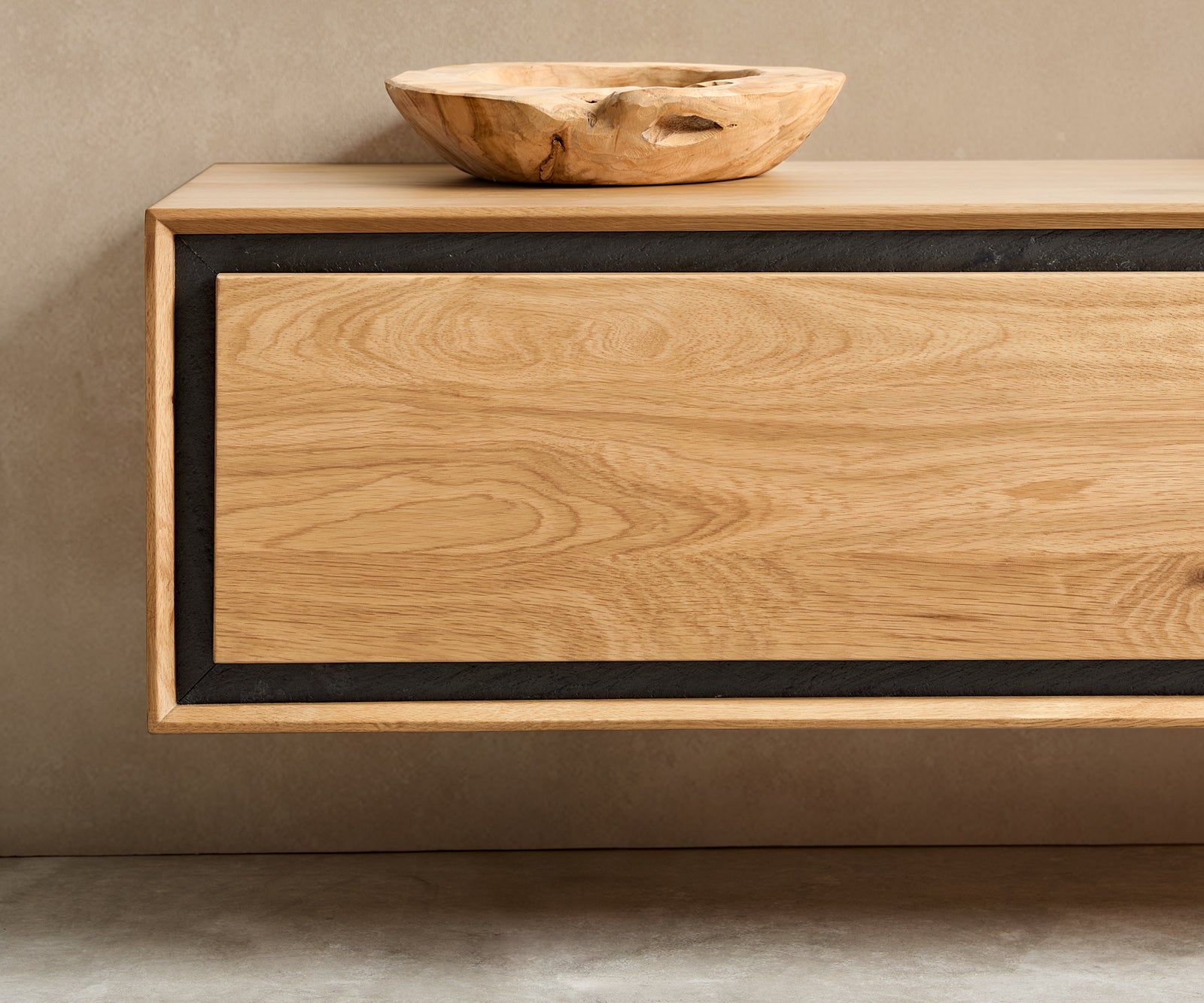 Floating TV Stand Stonegrace 200cm Oak Wood Natural 4 Doors Stone Veneer