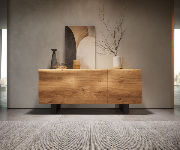Sideboard New Live-Edge 145cm 3 Doors Oak Wood Natural Square Feet Black