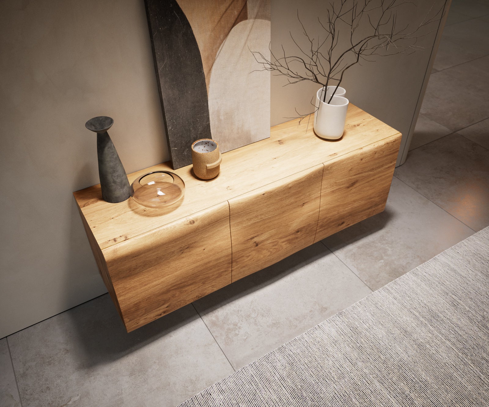 Sideboard New Live-Edge 145cm 3 Doors Oak Wood Natural Square Feet Black