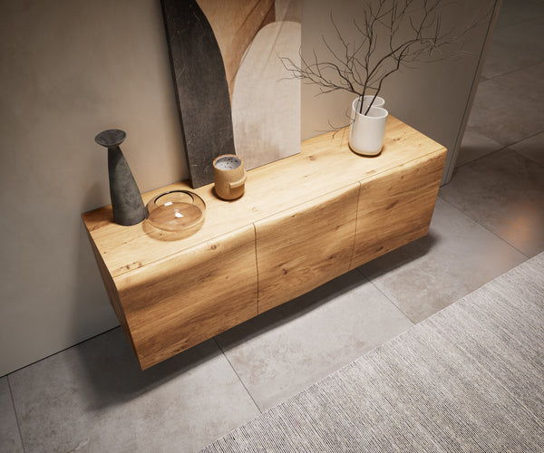 Sideboard New Live-Edge 145cm 3 Doors Oak Wood Natural Square Feet Black