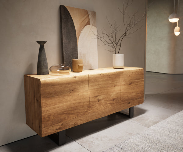 Sideboard New Live-Edge 145cm 3 Doors Oak Wood Natural Square Feet Black