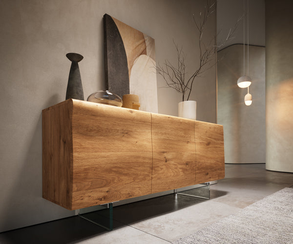 Sideboard New Live-Edge 145cm 3 Doors Oak Wood Natural Glass Feet