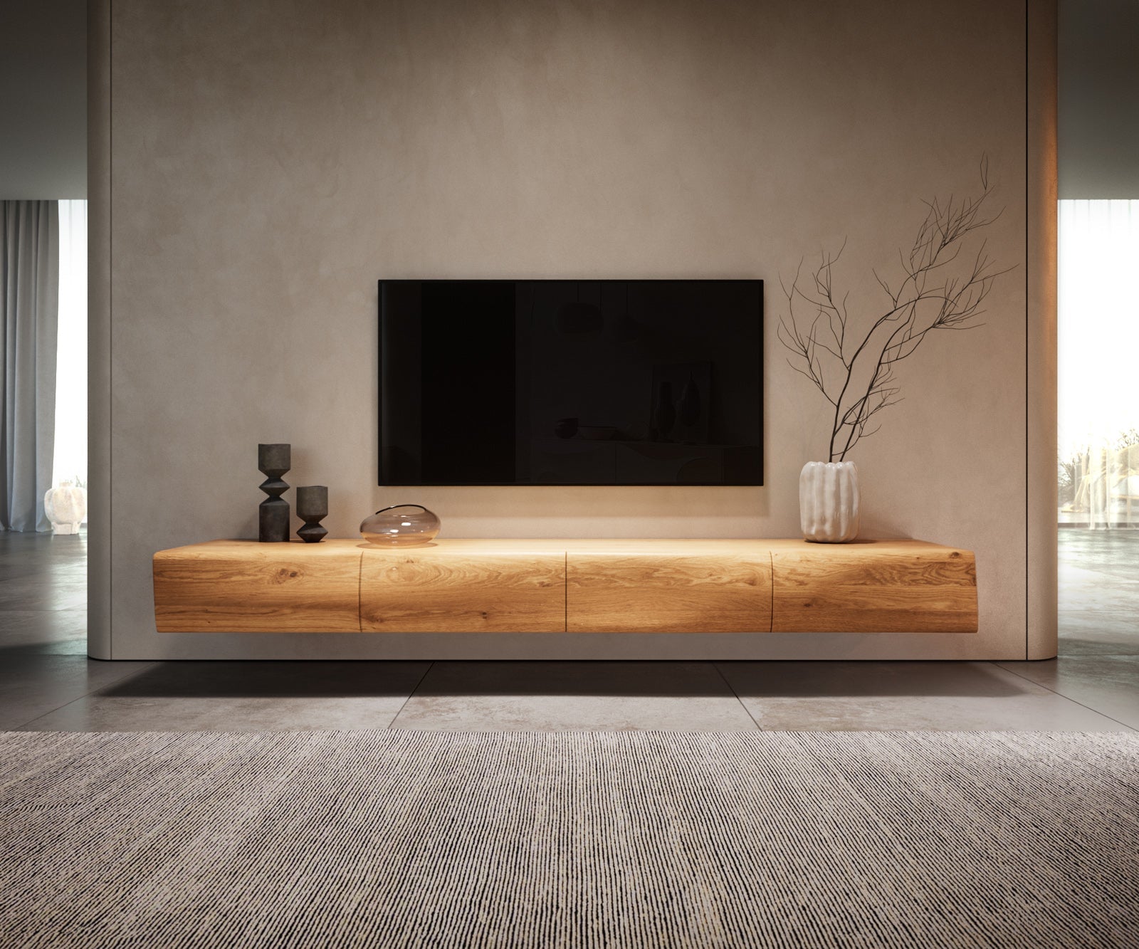 Floating TV Stand New Live-Edge 200cm 4 Doors Oak Wood Natural