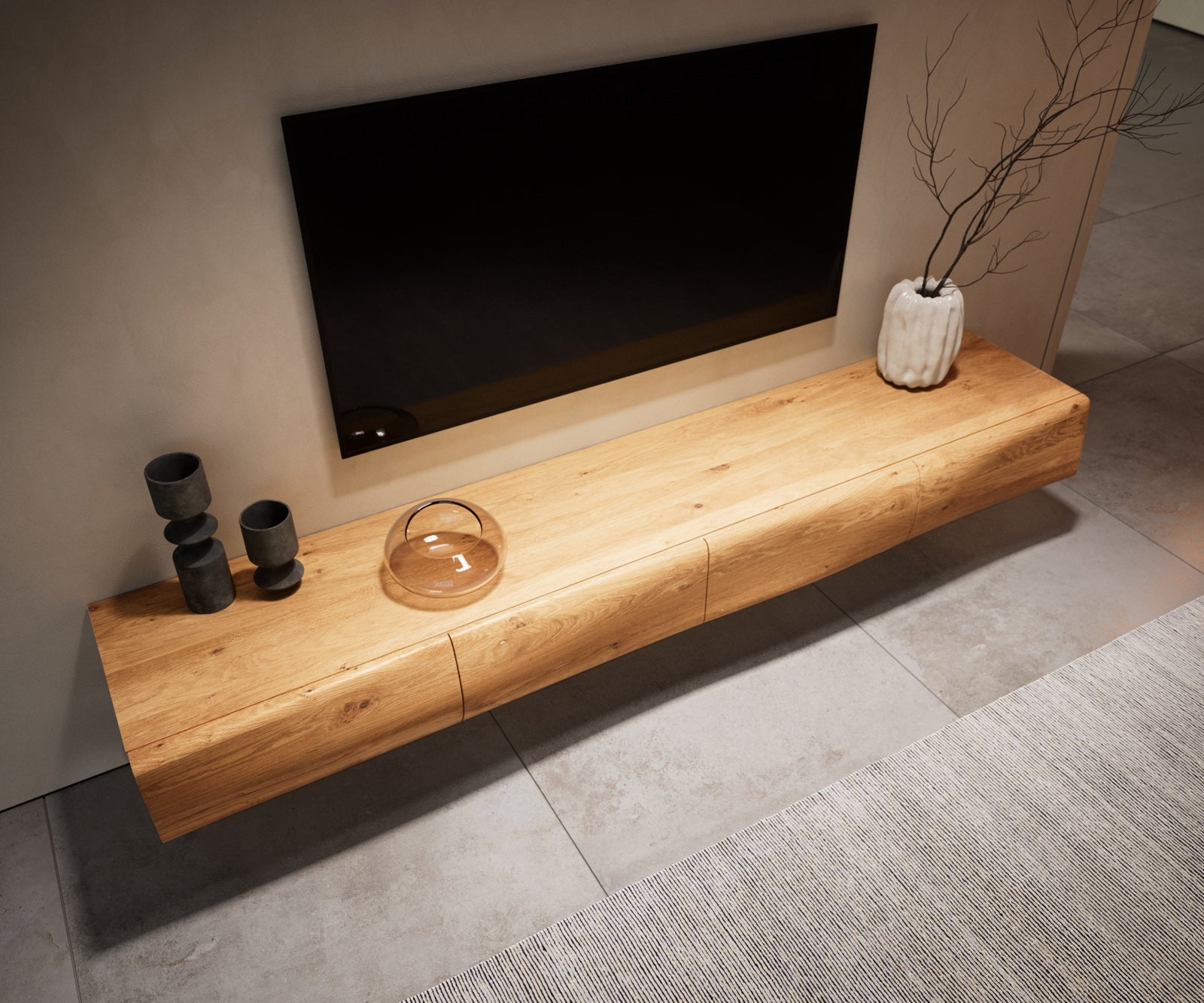 Floating TV Stand New Live-Edge 200cm 4 Doors Oak Wood Natural