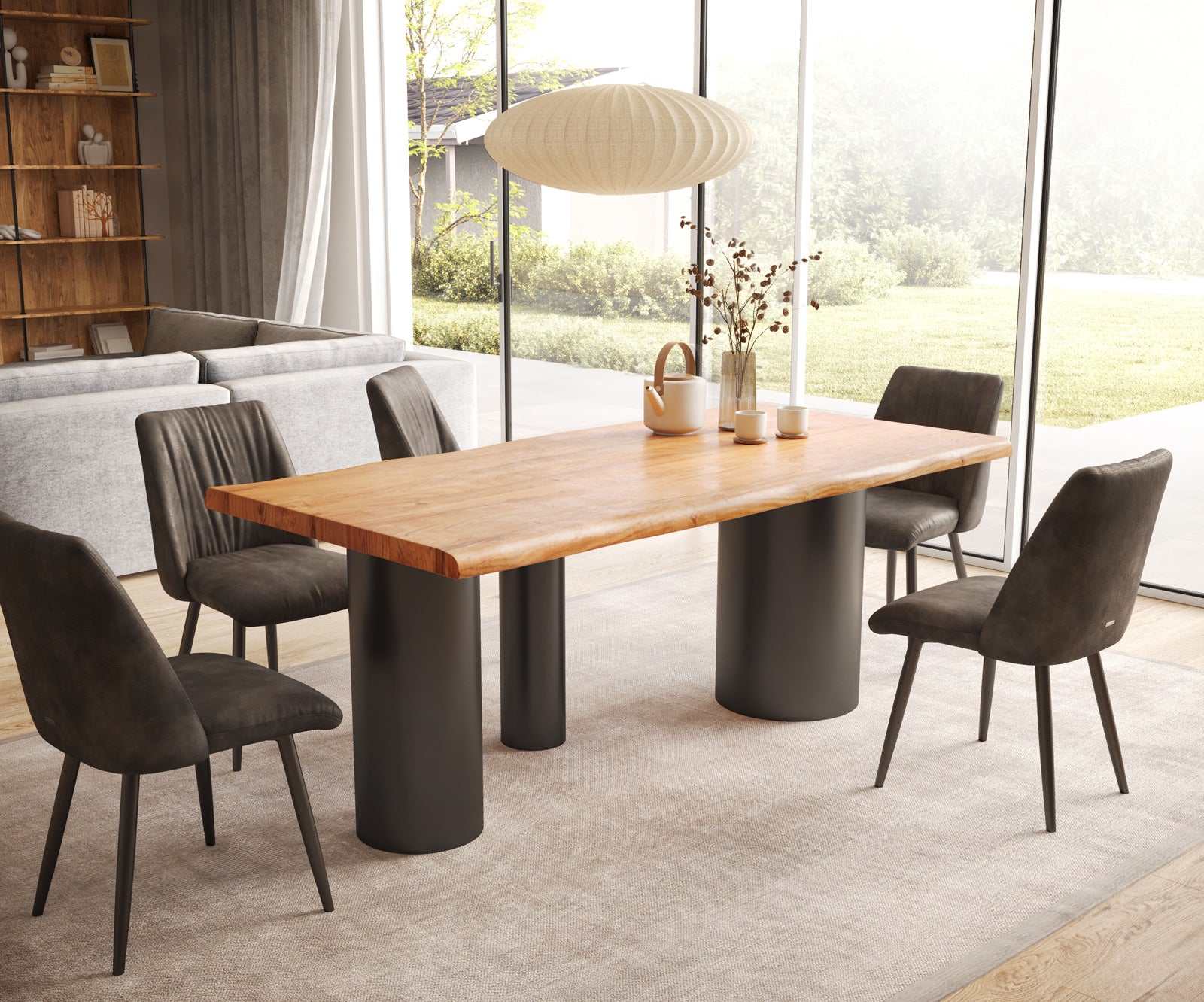 Dining Table Olympus Live-Edge 200x100cm Acacia Wood Natural Three Pillars Frame Black