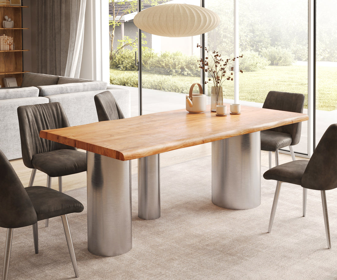 Dining Table Olympus Live-Edge 200x100cm Acacia Wood Natural Three Pillars Frame Steel