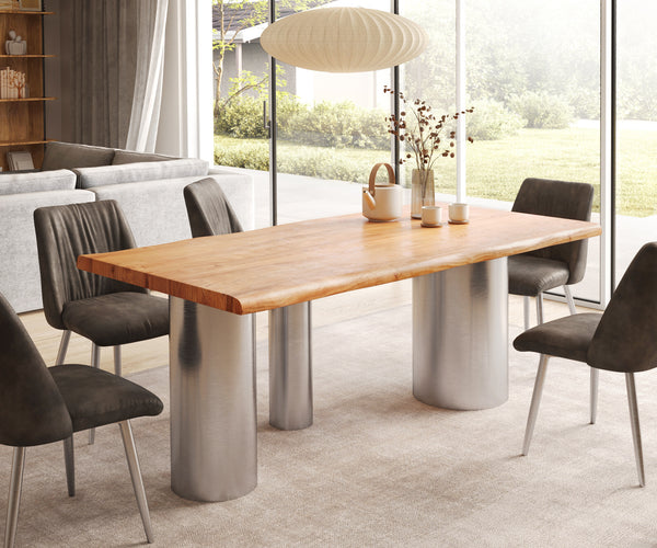 Dining Table Olympus Live-Edge 200x100cm Acacia Wood Natural Three Pillars Frame Steel