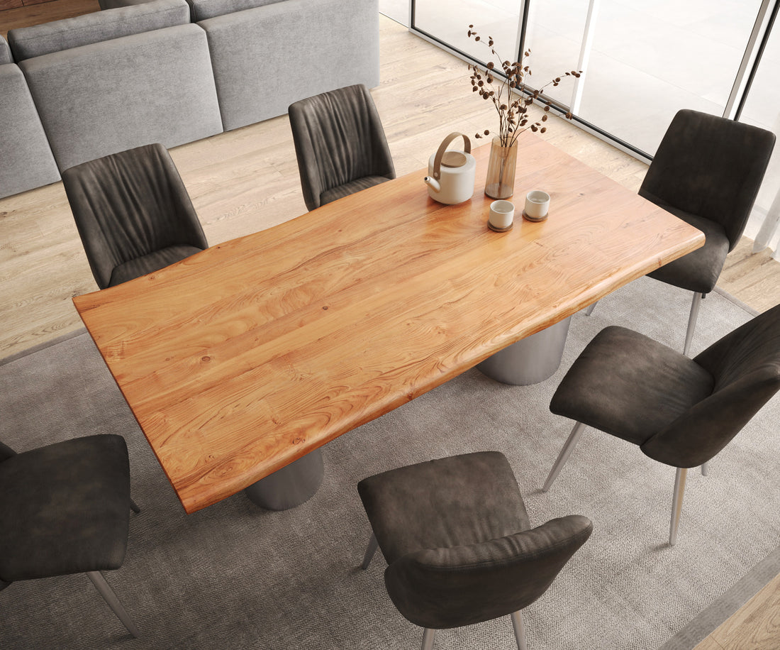 Dining Table Olympus Live-Edge 200x100cm Acacia Wood Natural Three Pillars Frame Steel