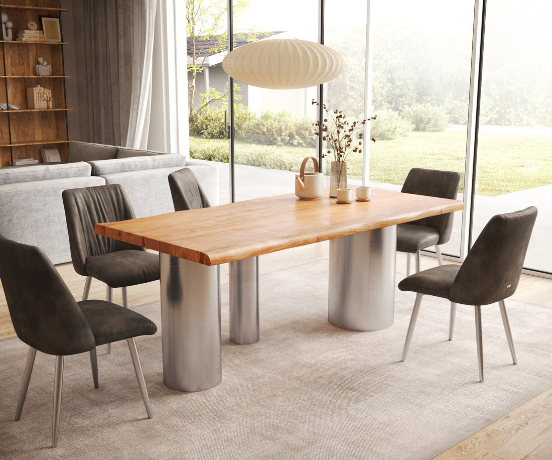 Dining Table Olympus Live-Edge 200x100cm Acacia Wood Natural Three Pillars Frame Steel