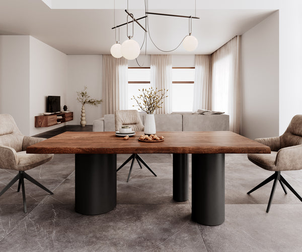 Dining Table Olympus Live-Edge 200x100cm Acacia Wood Brown Three Pillars Frame Black
