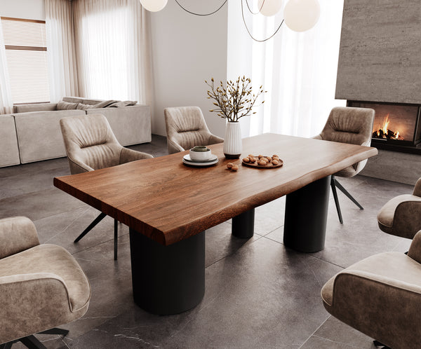 Dining Table Olympus Live-Edge 200x100cm Acacia Wood Brown Three Pillars Frame Black