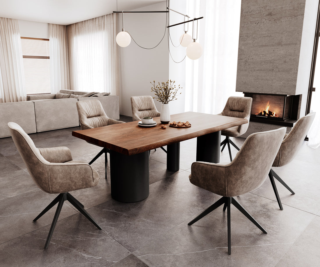 Dining Table Olympus Live-Edge 200x100cm Acacia Wood Brown Three Pillars Frame Black
