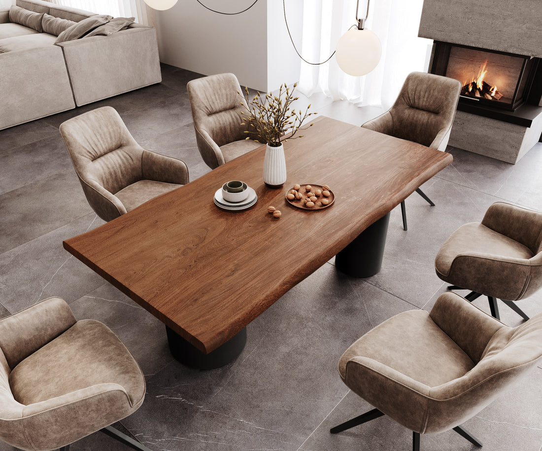 Dining Table Olympus Live-Edge 200x100cm Acacia Wood Brown Three Pillars Frame Black
