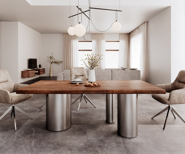 Dining Table Olympus Live-Edge 200x100cm Acacia Wood Brown Three Pillars Frame Steel 55mm Top