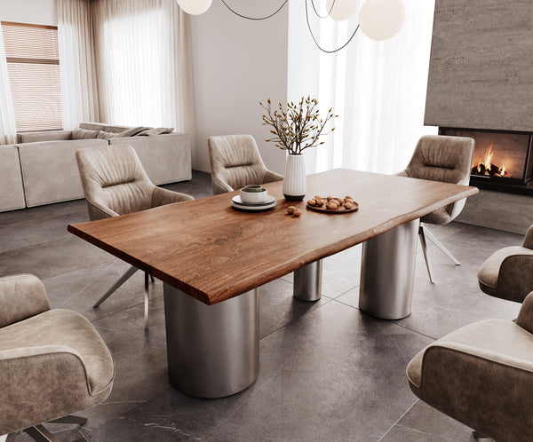 Dining Table Olympus Live-Edge 200x100cm Acacia Wood Brown Three Pillars Frame Steel 35mm Top