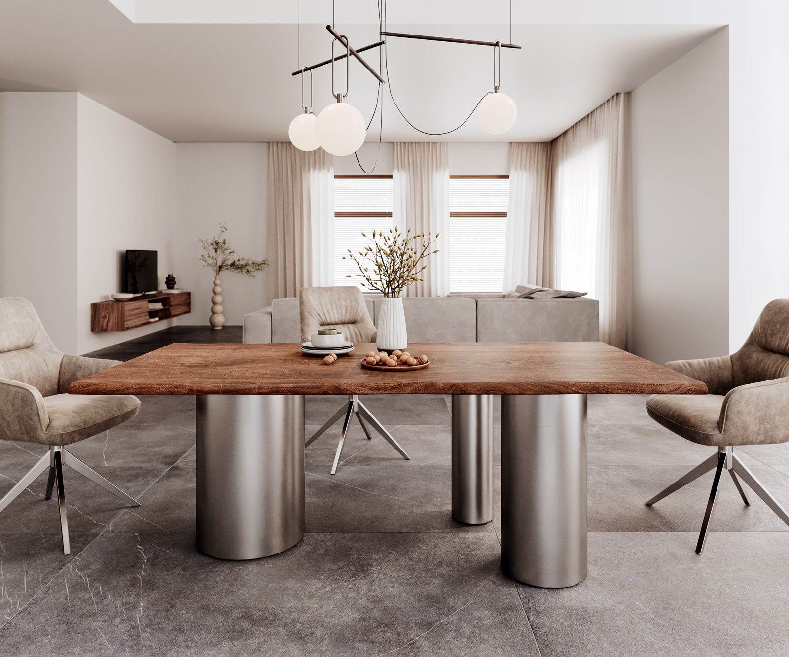 Dining Table Olympus Live-Edge 200x100cm Acacia Wood Brown Three Pillars Frame Steel 35mm Top
