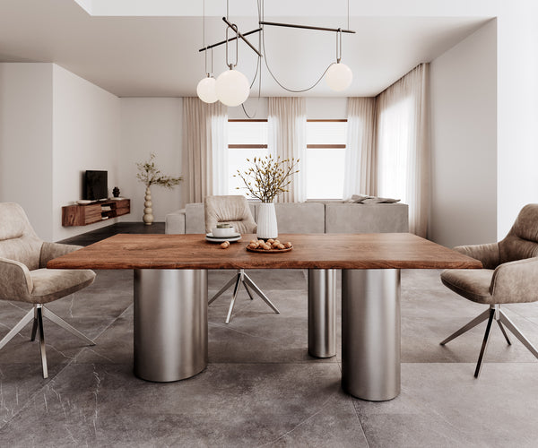 Dining Table Olympus Live-Edge 200x100cm Acacia Wood Brown Three Pillars Frame Steel 35mm Top