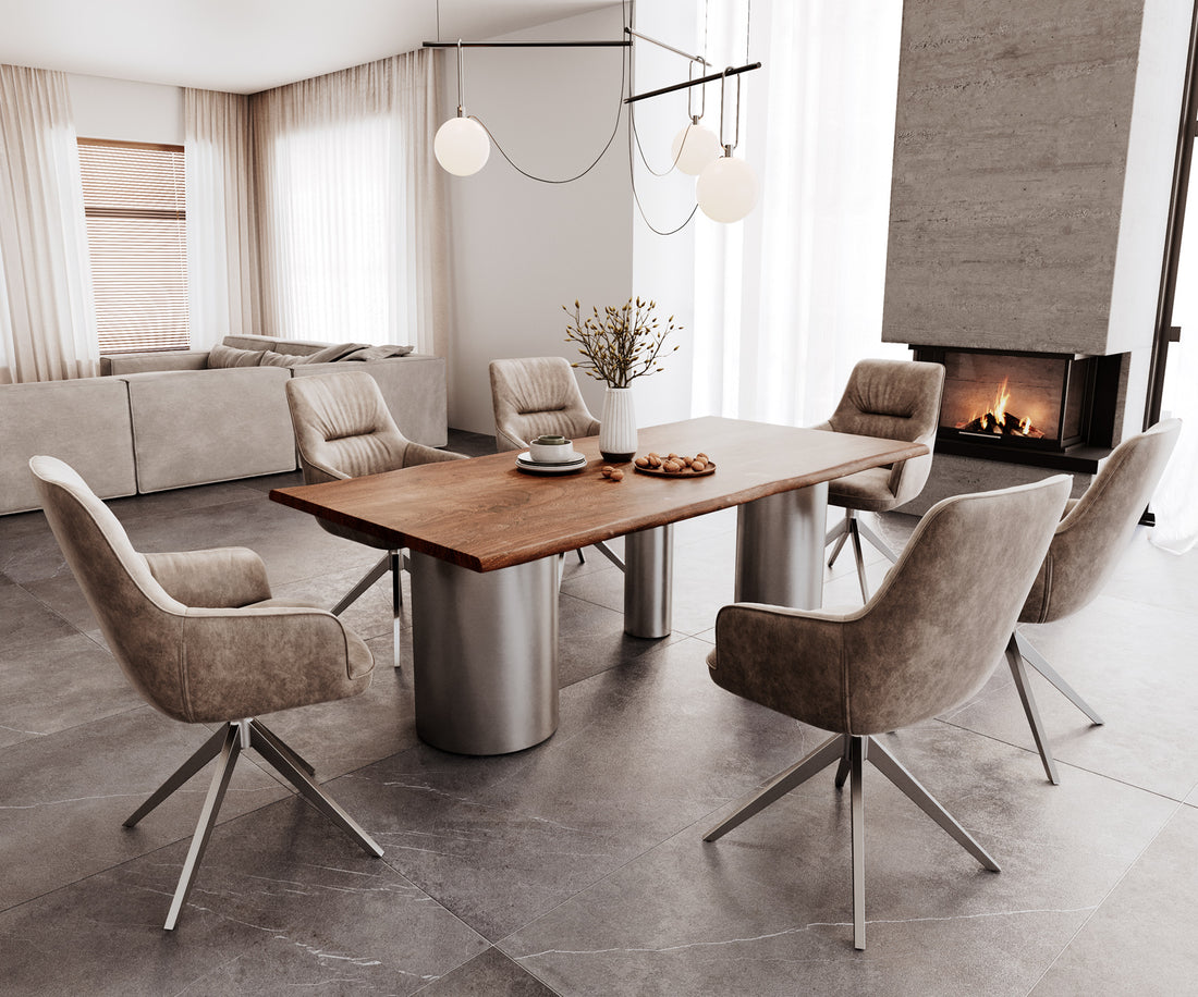 Dining Table Olympus Live-Edge 200x100cm Acacia Wood Brown Three Pillars Frame Steel 35mm Top