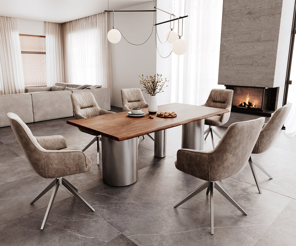 Dining Table Olympus Live-Edge 200x100cm Acacia Wood Brown Three Pillars Frame Steel 35mm Top